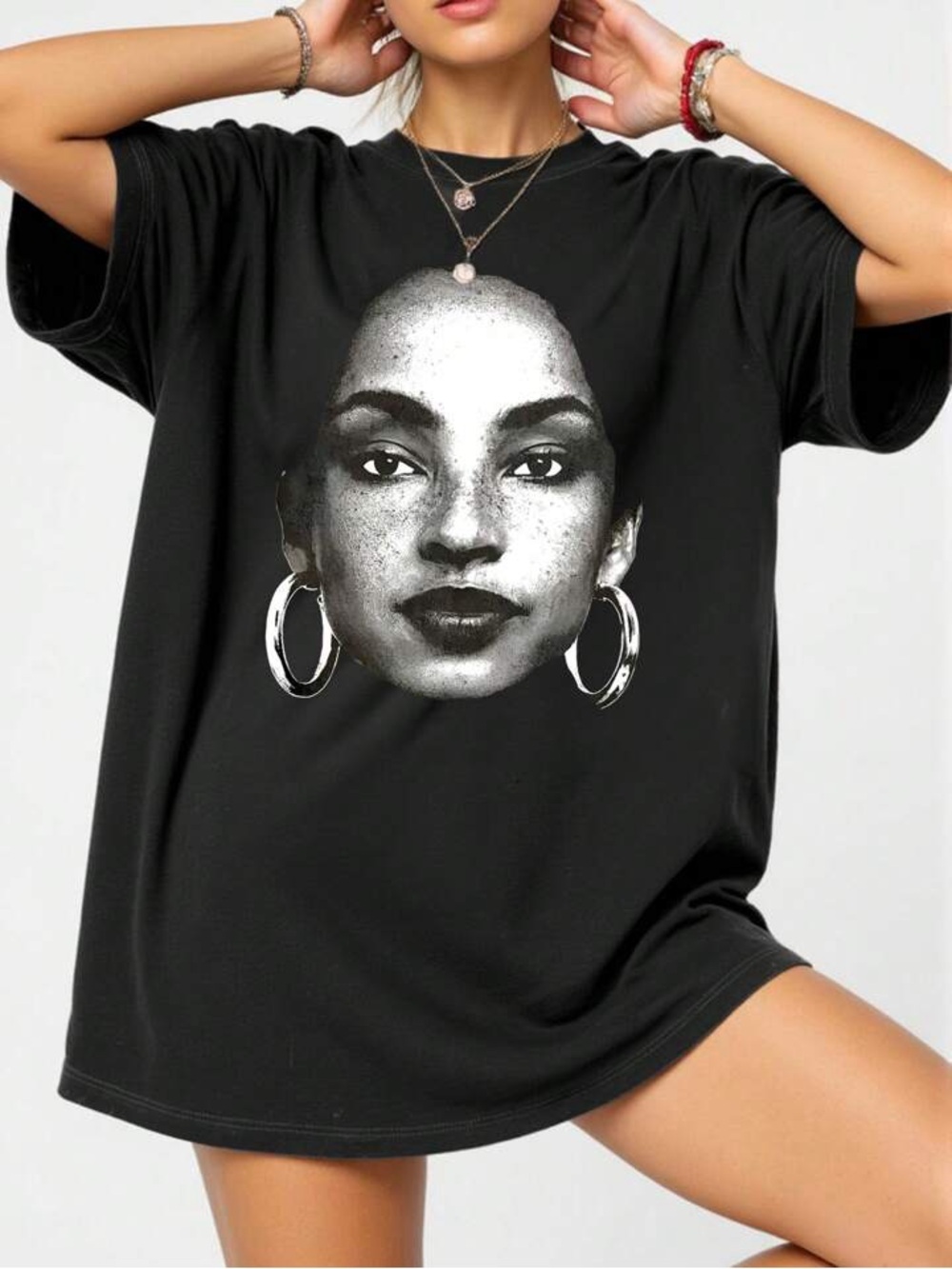 SHEIN Black Short Sleeve Tee with Sade Face Graphic